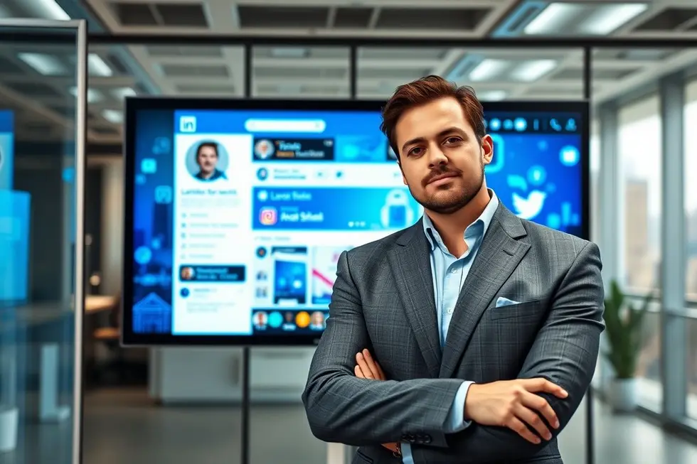 Profissional confiante com forte presença digital