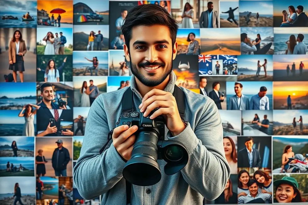 Fotógrafo confiante com câmera e portfólio de fotos impressionantes