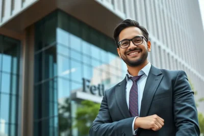 Profissional sorridente em frente a um edifício corporativo