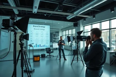 Estúdio moderno com equipamentos fotográficos e análise de estratégia de marca pessoal