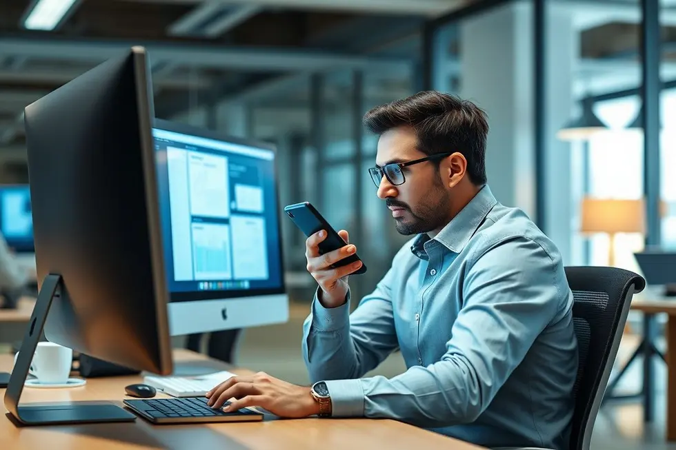 Pessoa profissional interagindo com dispositivos digitais
