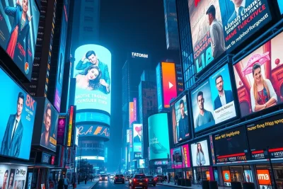 Imagem de uma cidade futurista com outdoors digitais de redes sociais.