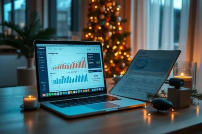 Escritório moderno com elementos de planejamento estratégico e decoração discreta de natal