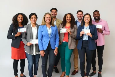 Grupo de profissionais com retratos corporativos de alto padrão.