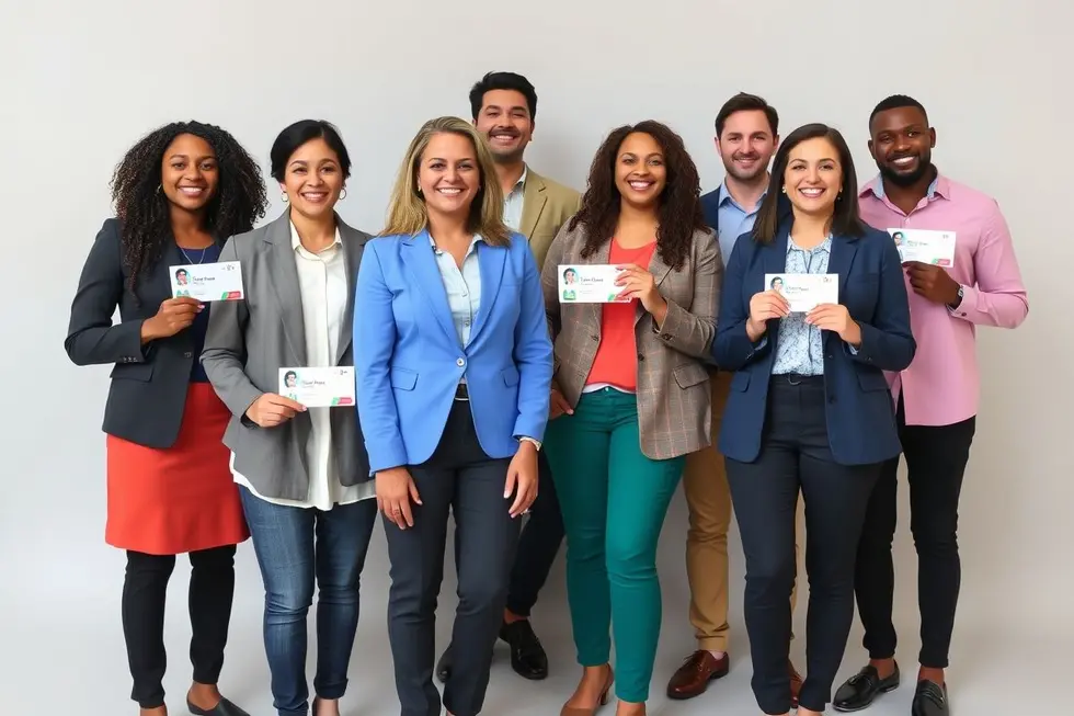 Grupo de profissionais com retratos corporativos de alto padrão.
