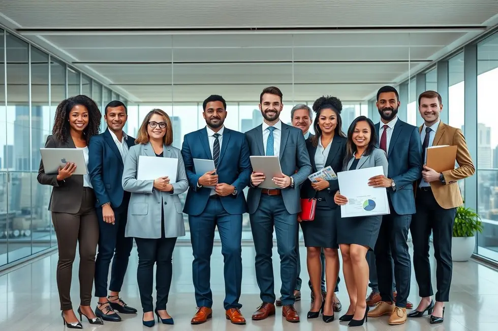 Grupo diversificado de profissionais confiantes em um ambiente de escritório moderno.