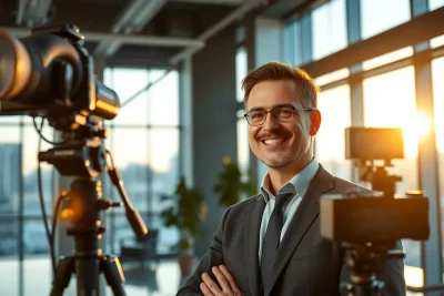 Fotógrafo profissional capturando imagem executiva em ambiente corporativo moderno
