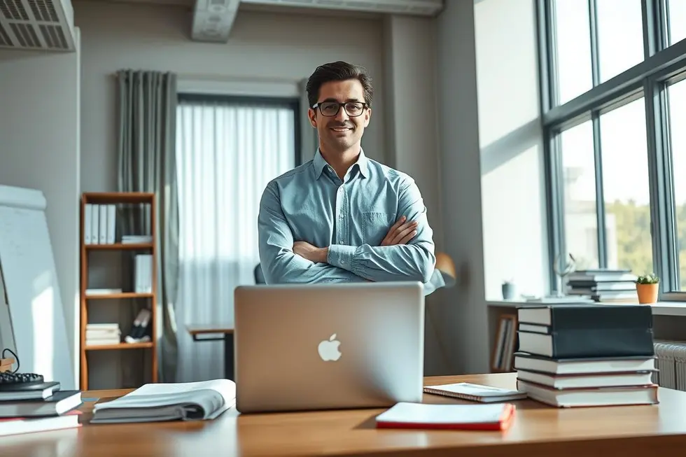 Pessoa confiante em um ambiente de trabalho com equipamentos profissionais