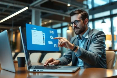 Profissional networking no LinkedIn em um escritório moderno