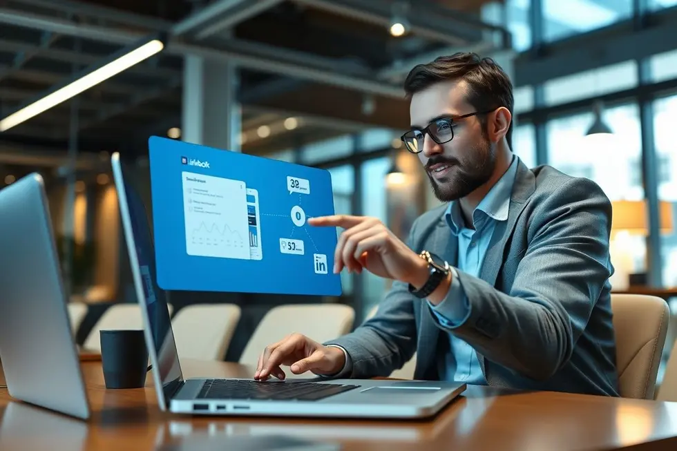 Profissional networking no LinkedIn em um escritório moderno