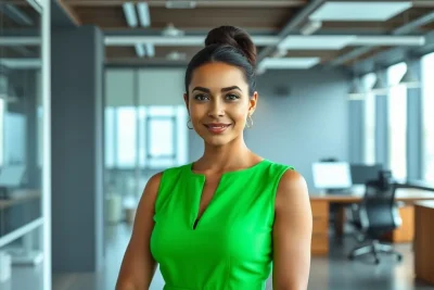 Pessoa confiante vestindo vestido verde vibrante em escritório moderno.