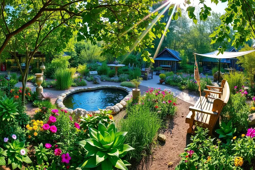Uma visão ampla de um jardim sensorial com uma variedade de plantas, flores, ervas, elementos de água e áreas de sentar.