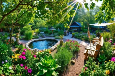 Uma visão ampla de um jardim sensorial com uma variedade de plantas, flores, ervas, elementos de água e áreas de sentar.
