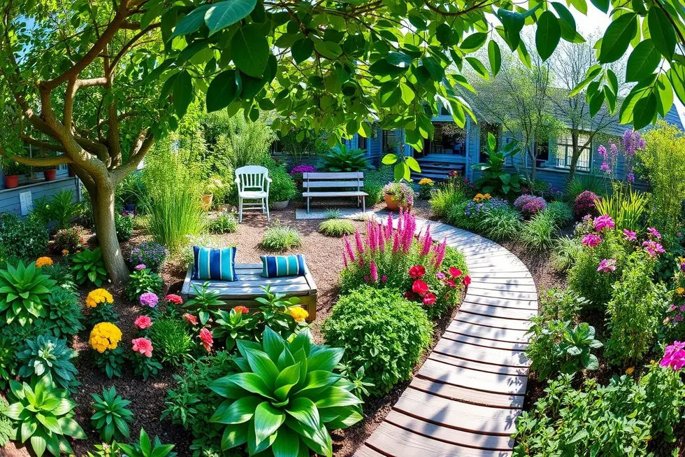Jardim sensorial com plantas variadas e ambiente harmonioso